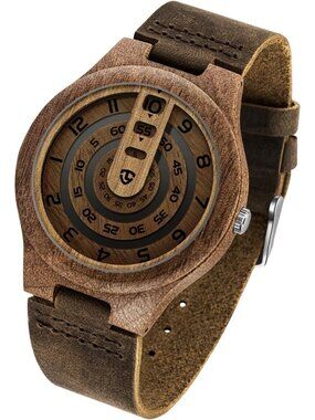 Men's Brown Analog Quartz Handmade Unique Design With Leather Strap Wooden Watch